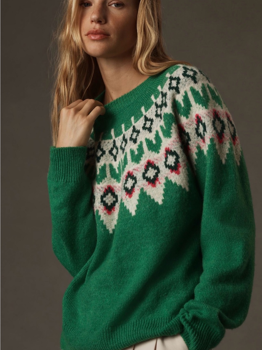 Sundry Green Fair Isle Crewneck Sweater